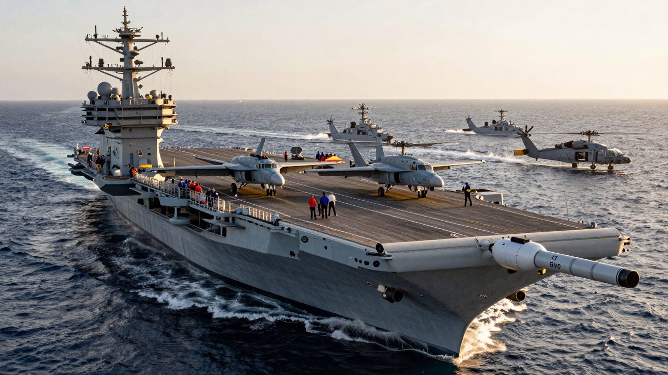Porta-aviões no mar com aviões na pista, barcos militares e helicóptero em redor ao pôr do sol.
