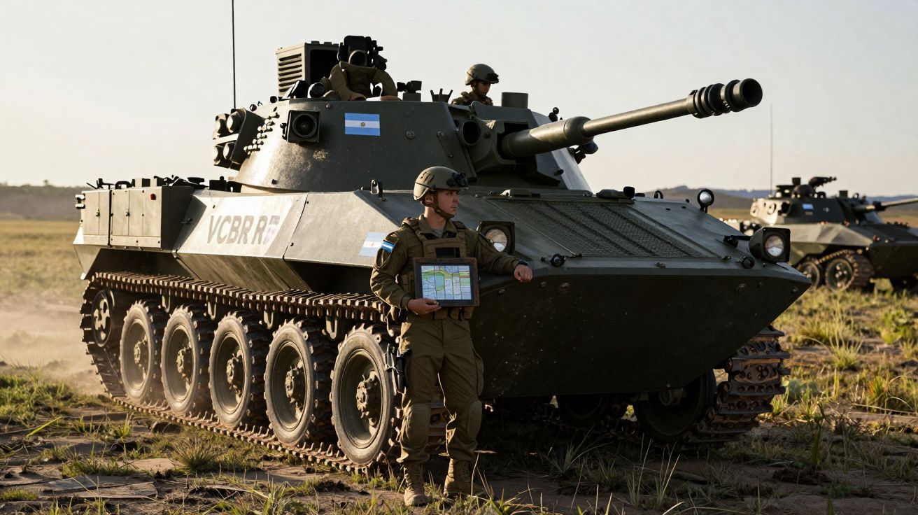 Soldado ao lado de veículo blindado de combate com bandeira da Argentina, em terreno aberto e plano.