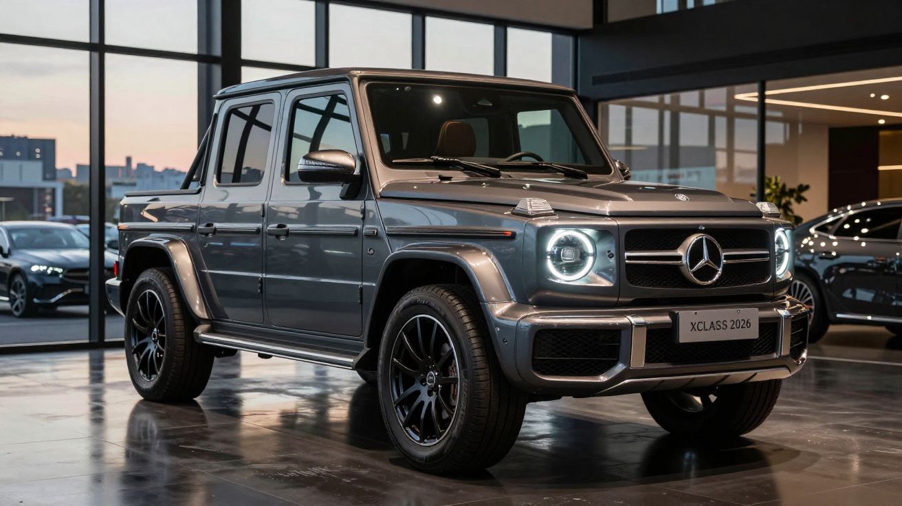 Mercedes-Benz X-Class 2026 cinzento estacionado numa sala de exposição com janelas amplas.