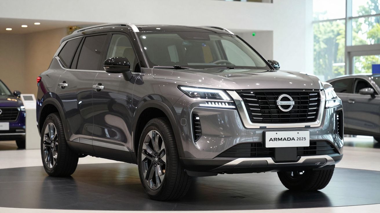 SUV Nissan Armada cinzento 2025 estacionado em showroom com luzes LED ligadas e jantes de liga leve.