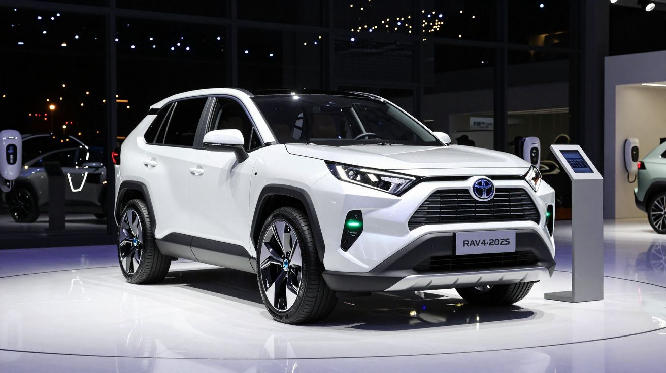 Carro elétrico Toyota RAV4 branco exposto em plataforma rotativa num salão automóvel.