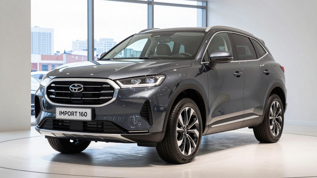 Carro SUV cinzento metálico estacionado numa sala de exposição moderna com grandes janelas.