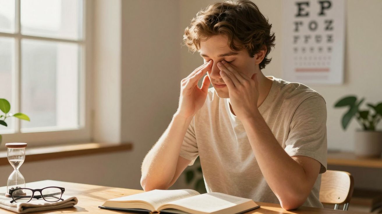 Jovem com camiseta branca esfrega os olhos sentado à mesa com livro aberto e óculos ao lado.