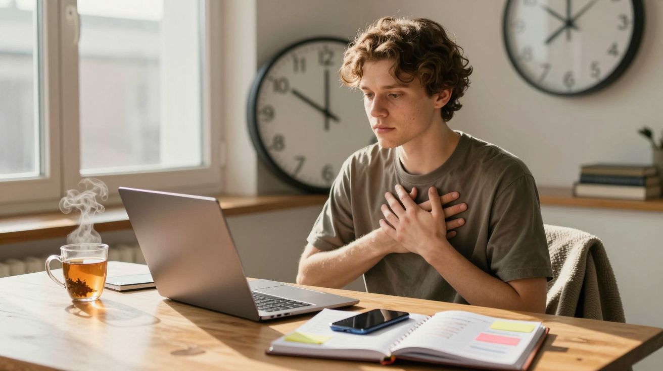 Jovem sentado a trabalhar num computador portátil, com mãos no peito e chá fumegante ao lado.