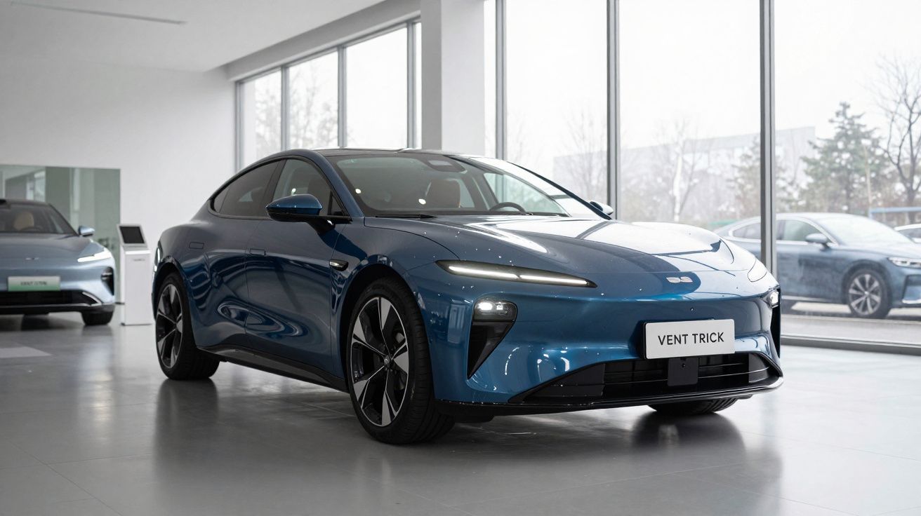 Carro elétrico azul modelo Vent Trick em exposição numa sala de showroom com grandes janelas.