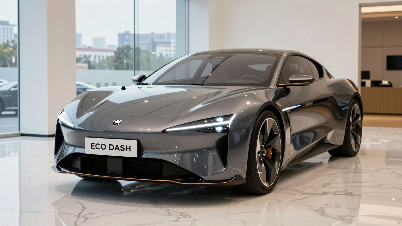 Carro elétrico cinza Eco Dash com design moderno exibido numa sala de exposição iluminada.
