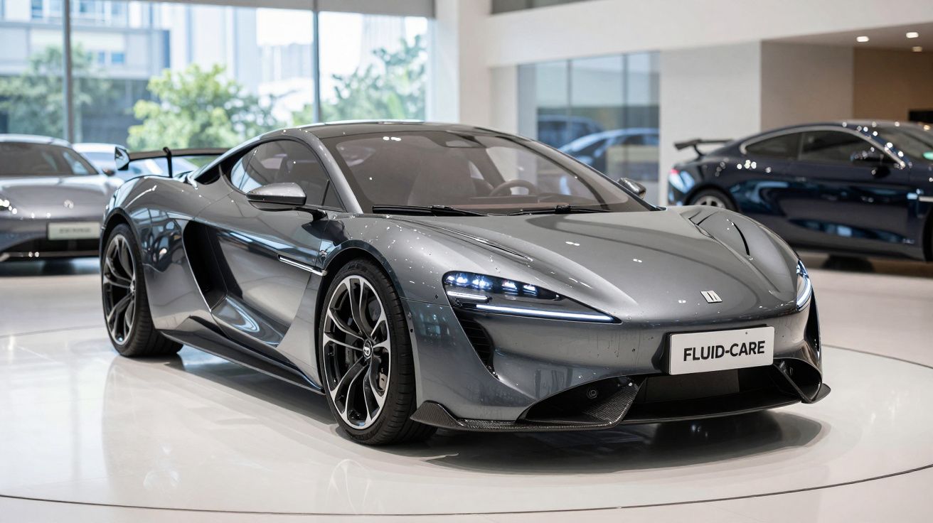 Carro desportivo cinza metálico exposto em sala moderna com grandes janelas e iluminação natural.