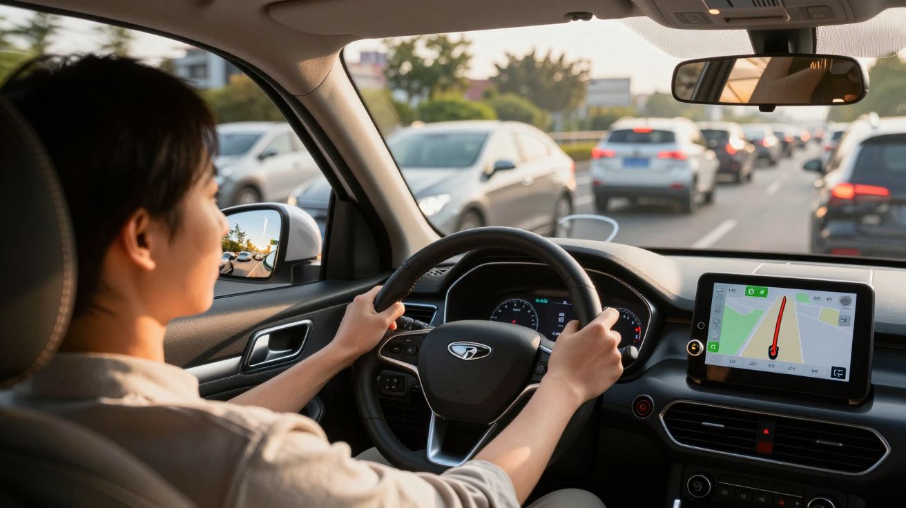 Pessoa a conduzir carro em trânsito com navegação GPS no ecrã do painel.