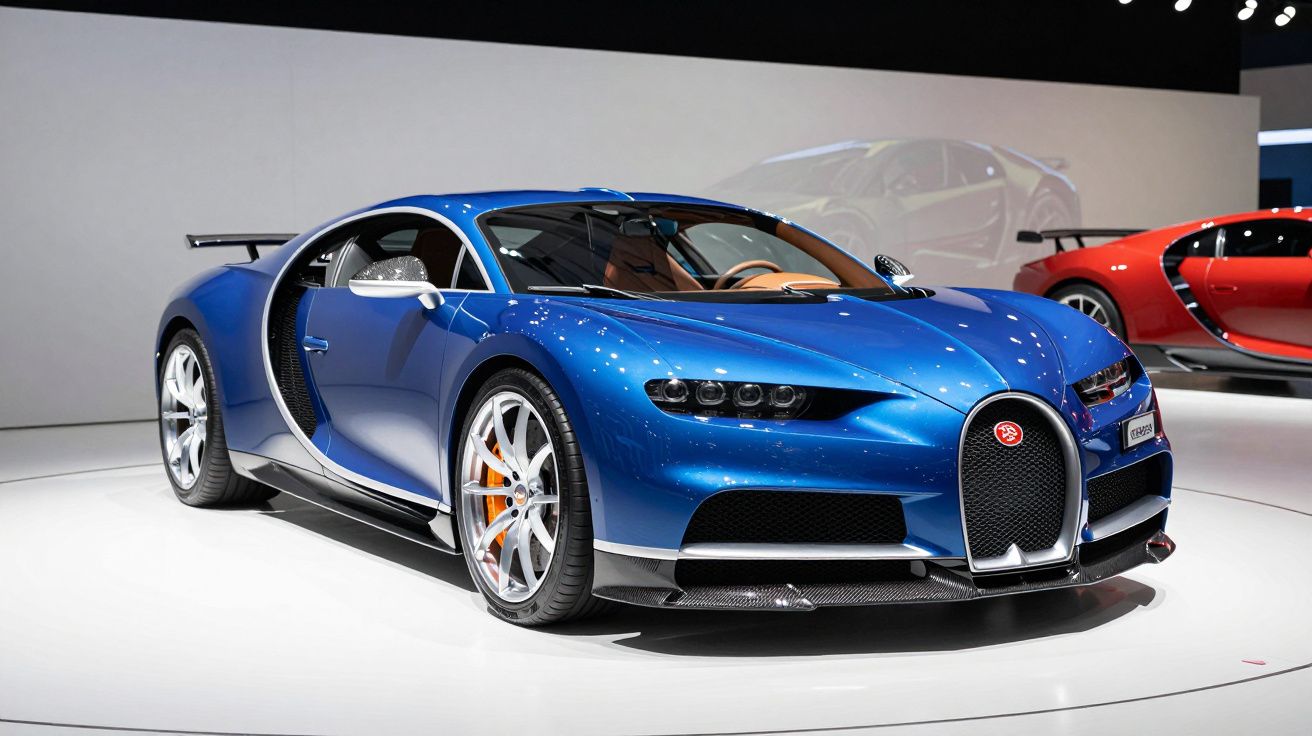 Carro desportivo azul Bugatti Chiron estacionado em salão automóvel com carro vermelho ao fundo.