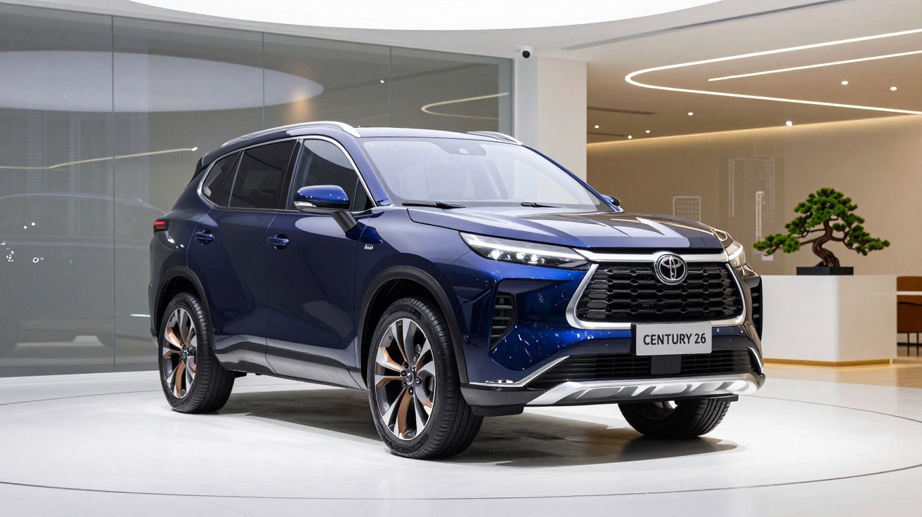 Carro SUV azul Toyota Century 26 exibido num salão moderno com chão branco e iluminação suave.