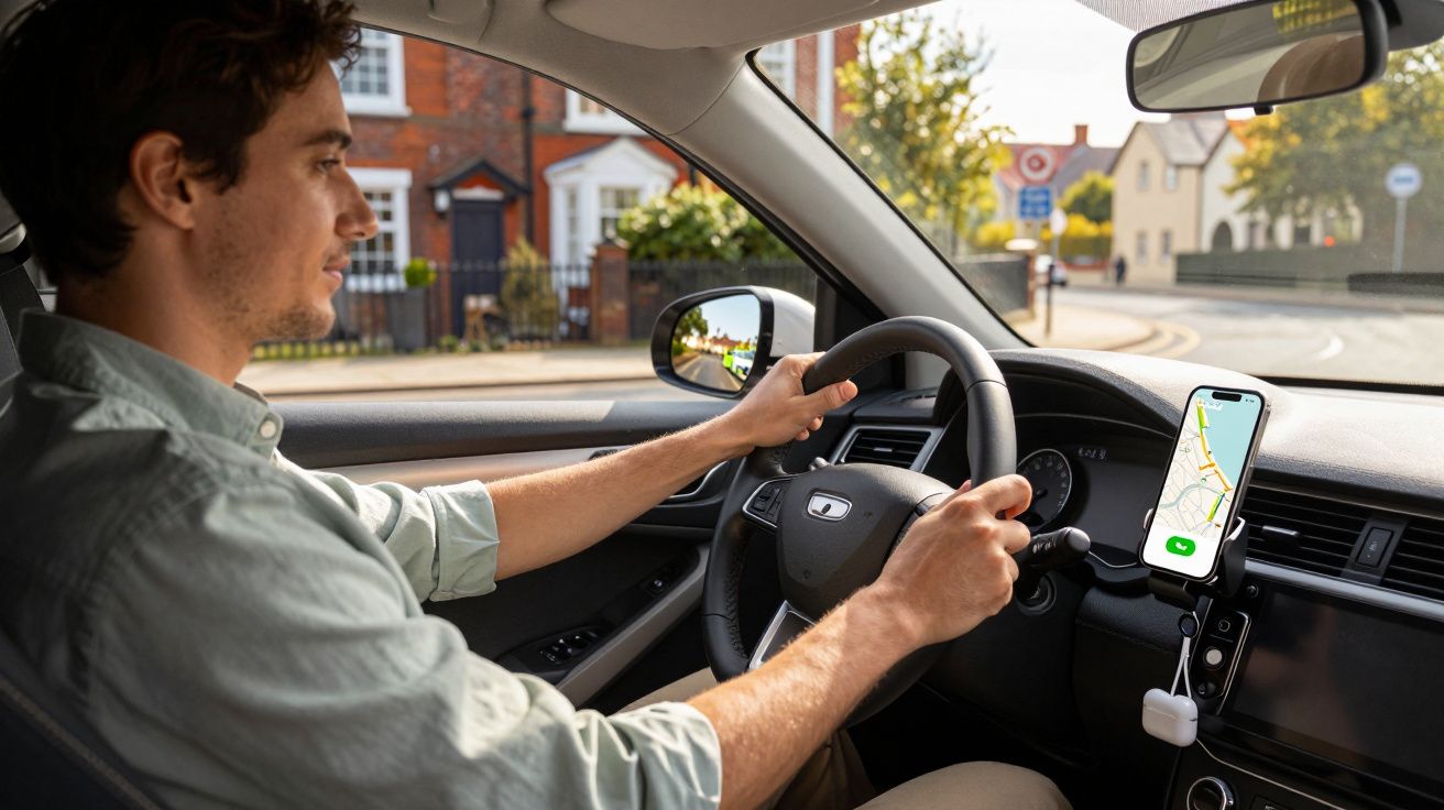 Homem a conduzir carro numa rua residencial com GPS ativo no telemóvel colocado no tablier.