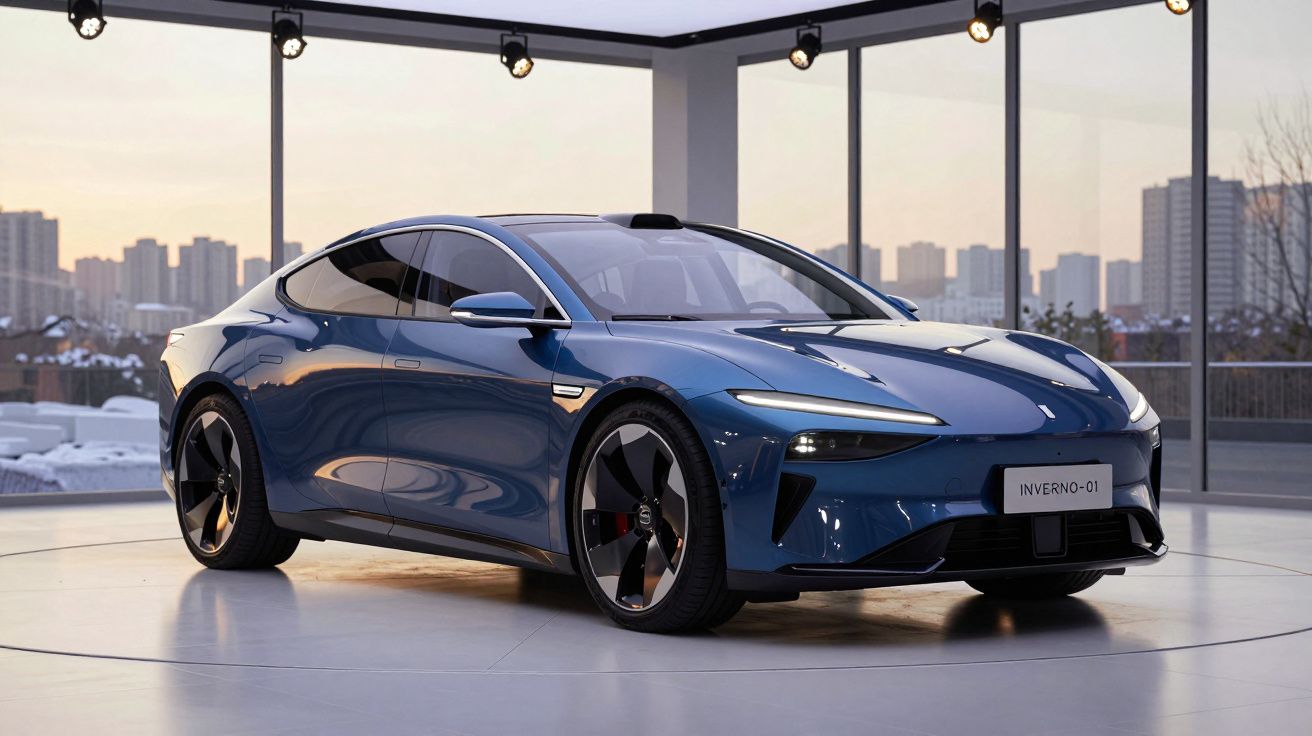 Carro elétrico desportivo azul estacionado num espaço moderno com janelas amplas e vista para cidade.