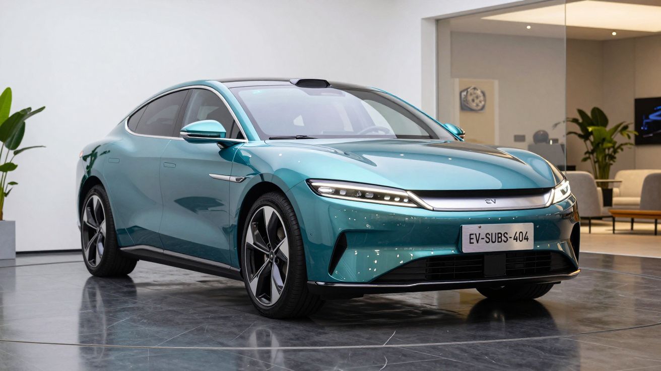 Carro elétrico moderno azul turquesa estacionado em pavimento interior, com design aerodinâmico e faróis estreitos.