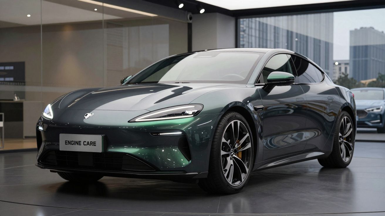 Carro desportivo eléctrico verde escuro num showroom moderno com janelas grandes.