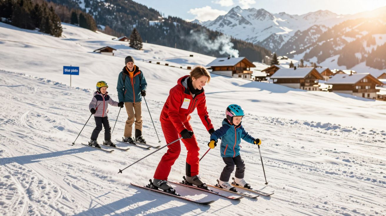 Instrutora de esqui com duas crianças na neve, com montanhas e chalés ao fundo ao pôr do sol.