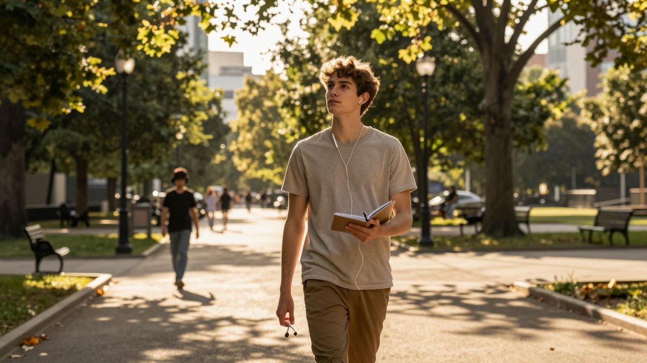 Jovem a caminhar num parque urbano com auscultadores e a segurar um caderno em dia solarengo.