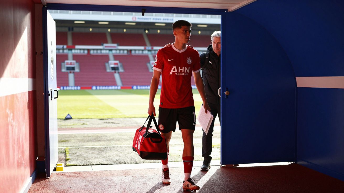 Jogador de futebol a entrar no estádio com mala de treino, acompanhado por treinador.