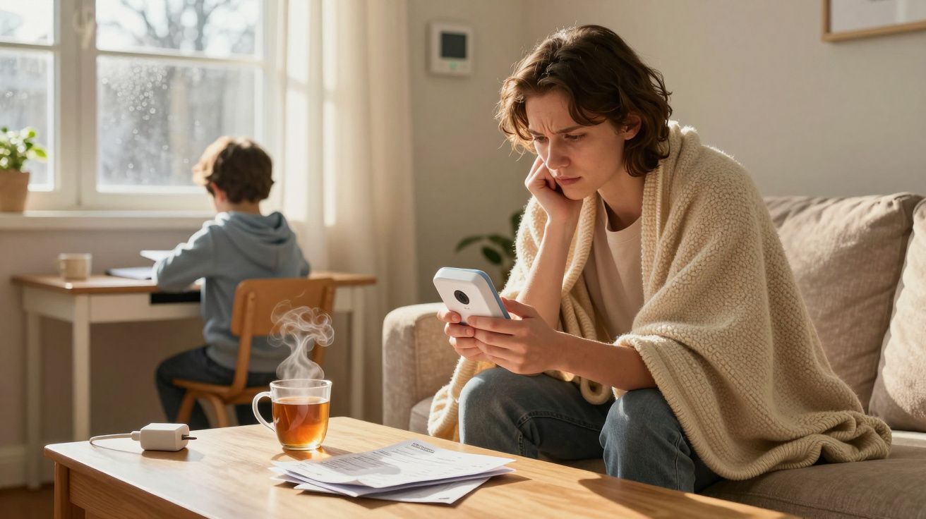 Mulher preocupada sentada no sofá a olhar para o telemóvel, criança a estudar numa mesa junto à janela.