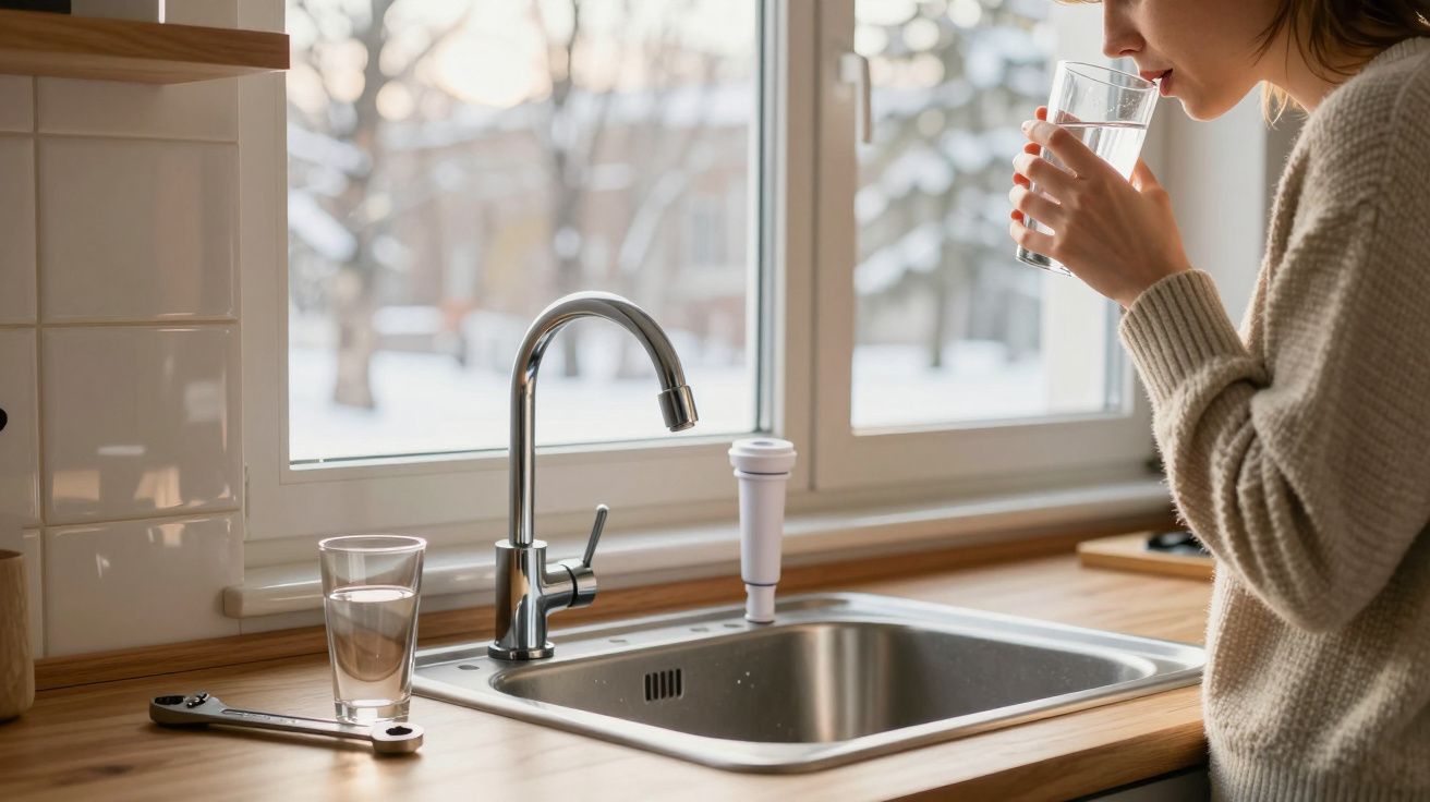 Mulher a beber água numa cozinha com pia, copo de água e ferramenta sobre bancada de madeira.
