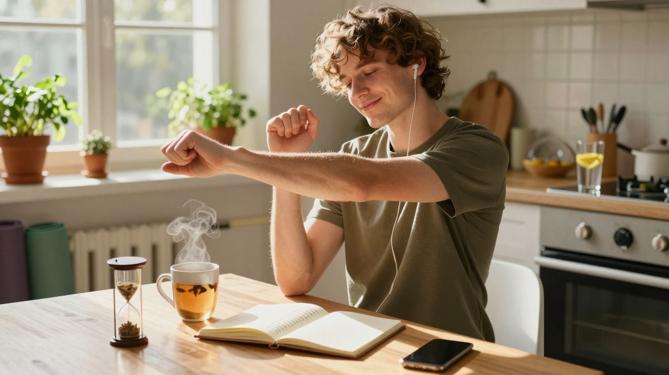 Homem a ouvir música com auscultadores, a esticar os braços junto a chá quente e caderno aberto na cozinha.