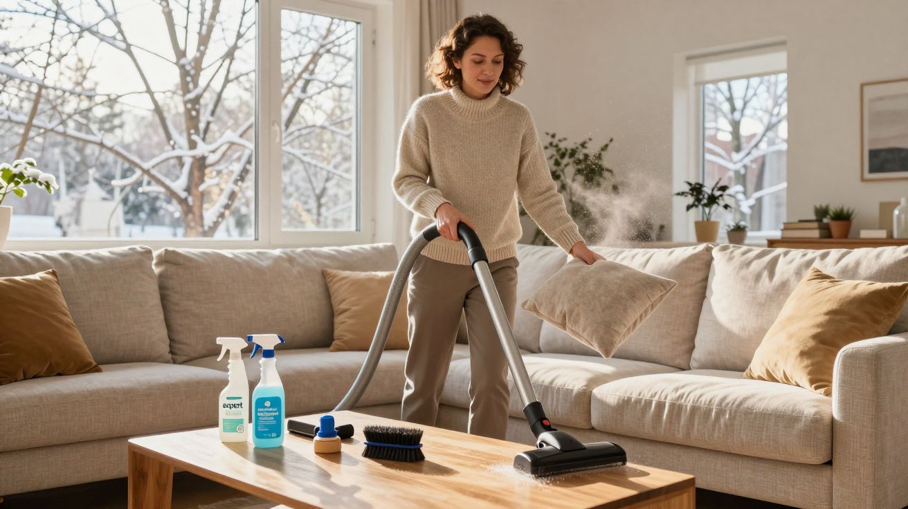 Mulher a limpar a sala de estar, aspirando o sofá e segurando uma almofada num ambiente luminoso.