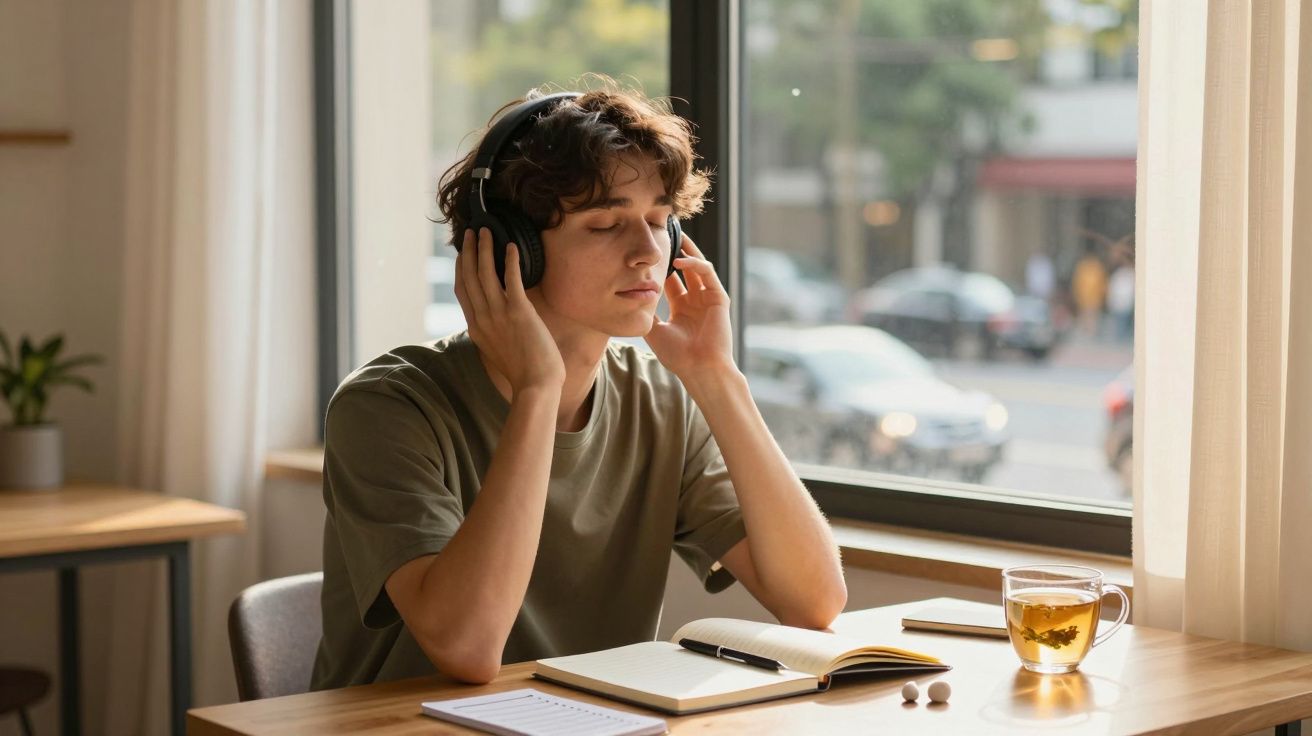 Jovem com os olhos fechados a ouvir música com auscultadores enquanto está sentado numa mesa junto a uma janela.