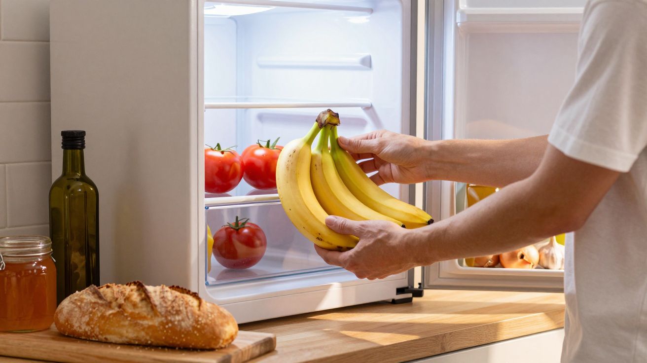Pessoa a colocar cachos de bananas numa pequena frigorífico com tomates no interior, pão e azeite na bancada.