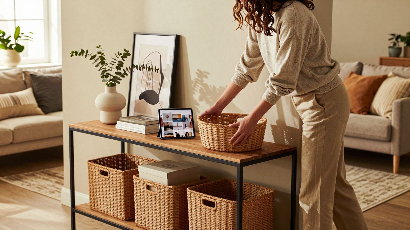 Mulher arrumando cesto de vime numa consola de madeira numa sala com decoração minimalista.