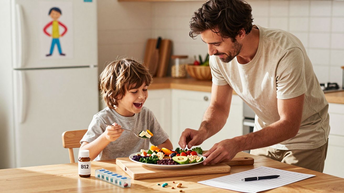 Pai ajuda filho a comer salada colorida na cozinha, com frasco de suplemento B12 na mesa.