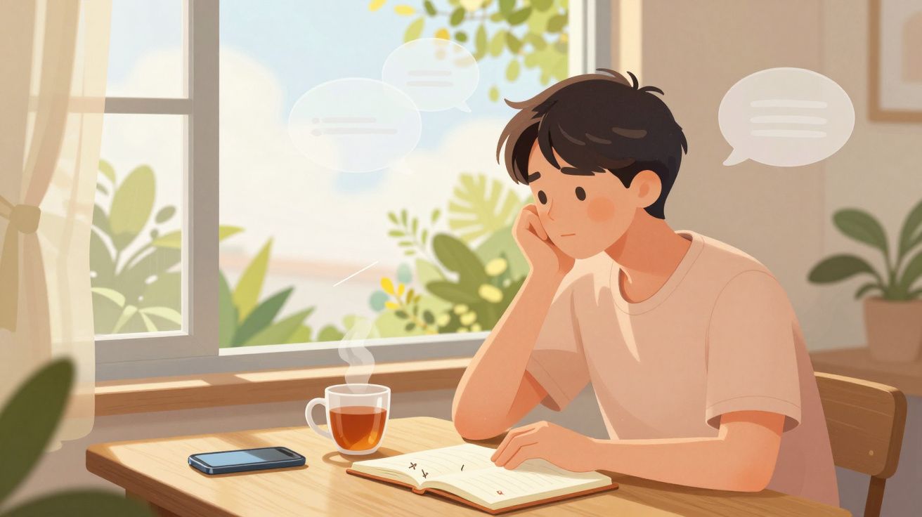 Jovem sentado numa mesa a olhar pensativo para um livro aberto, com chá e telemóvel na mesa, junto a uma janela.