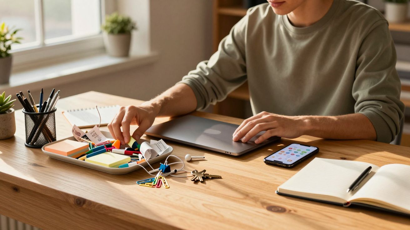 Pessoa sentada numa mesa de madeira com computador portátil, smartphone, caderno e materiais de escritório.
