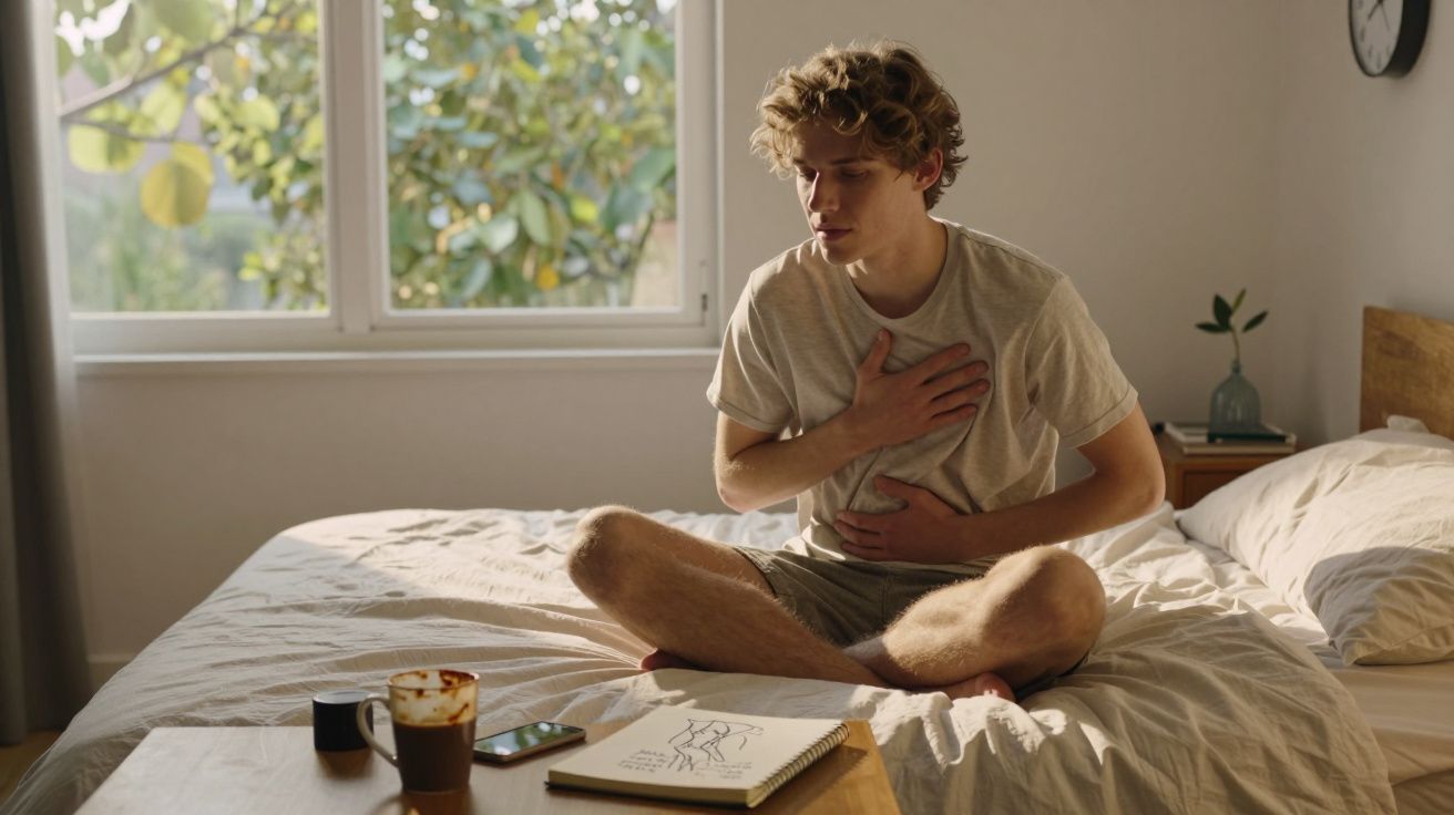Jovem sentado na cama com mão no peito e expressão de desconforto num quarto iluminado pela janela.