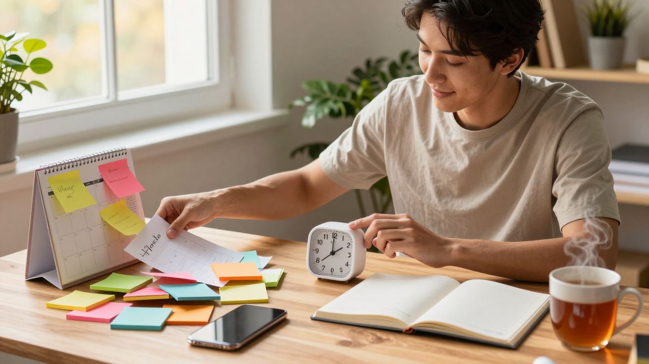 Jovem a organizar notas em post-its numa mesa com calendário, despertador, caderno, telemóvel e chá quente.