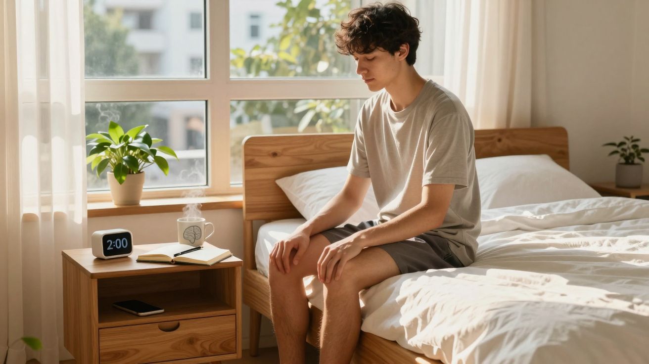 Homem sentado na beira da cama num quarto iluminado, com relógio digital e planta na mesa de cabeceira.