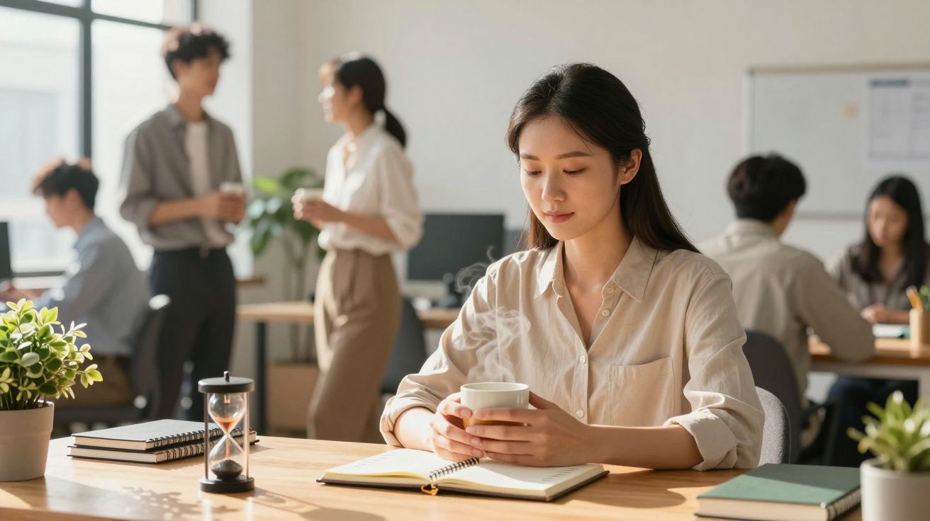 Mulher sentada com chá na mão, numa mesa de escritório, com colegas a conversar ao fundo.