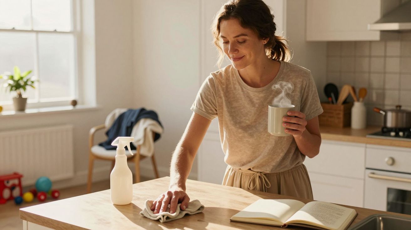 Mulher a limpar mesa de cozinha com pano e a beber bebida quente, ao lado de livro aberto.