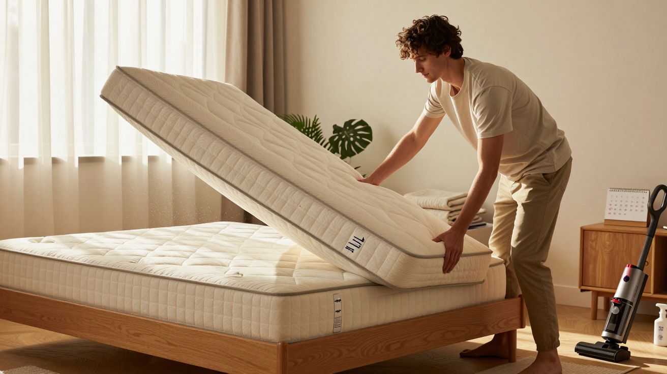 Homem a colocar colchão sobre uma cama de madeira num quarto iluminado por luz natural.