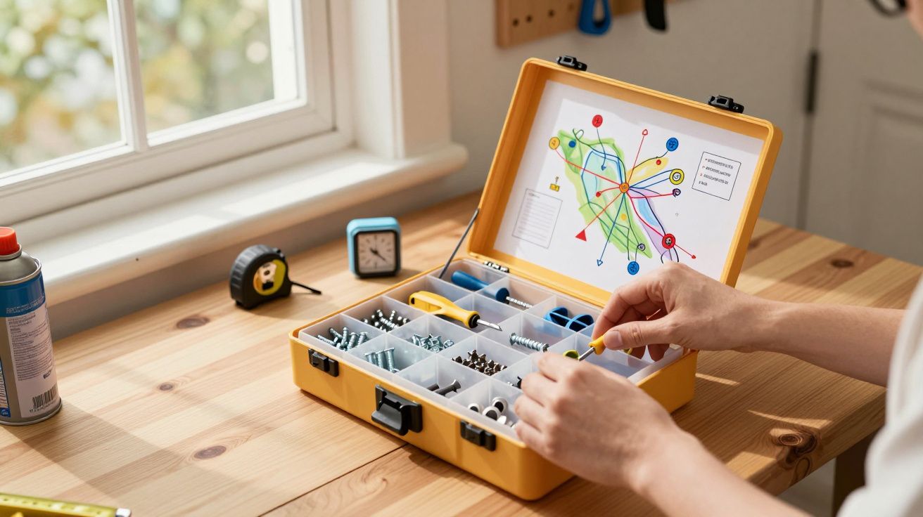 Mãos a organizar parafusos e ferramentas numa caixa amarela sobre uma mesa de madeira junto a uma janela.