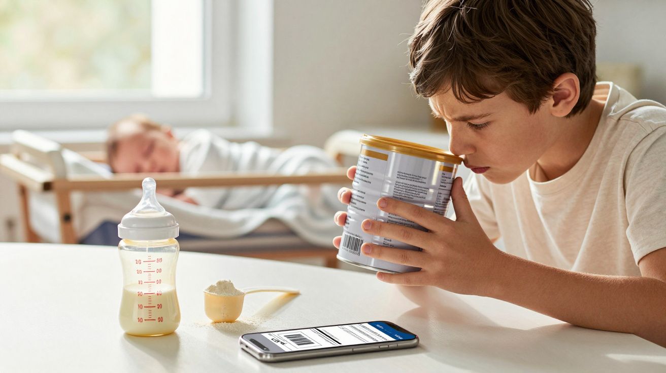Criança a ler rótulo de leite em pó com biberão, colher e telemóvel numa mesa, bebé adormecido no berço ao fundo.
