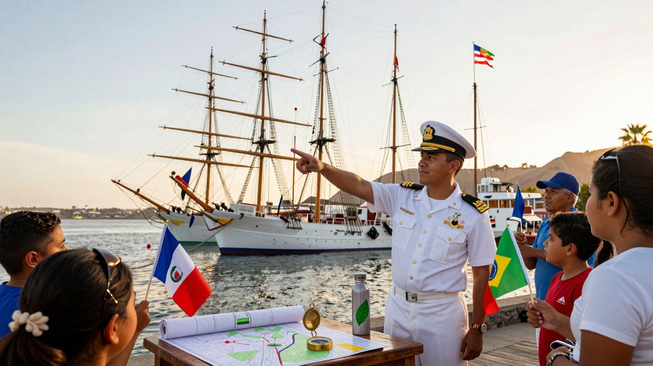 Oficial da marinha explica mapa a grupo de crianças junto a porto com veleiro ao fundo.