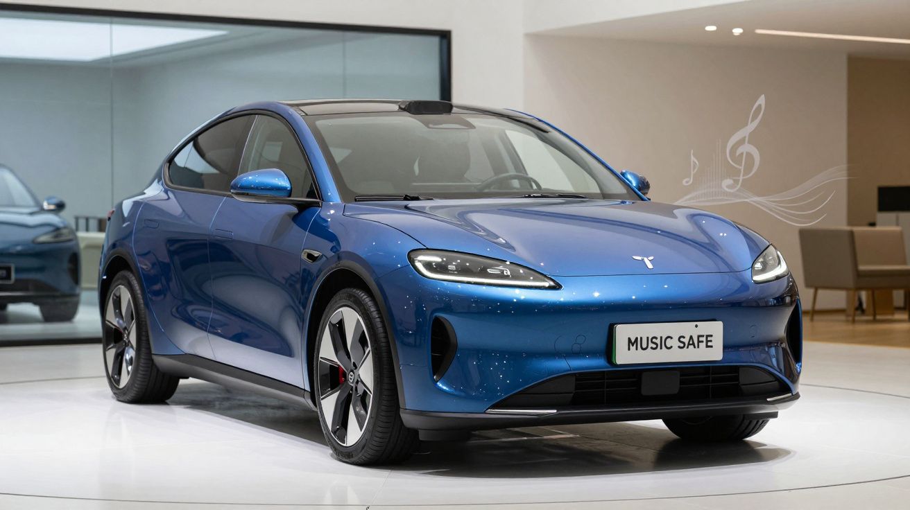 Carro elétrico azul Tesla exposto em showroom com placa "MUSIC SAFE" e notas musicais digitais ao redor.