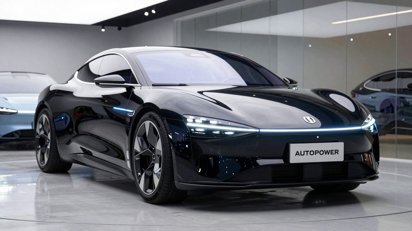 Carro desportivo elétrico preto estacionado numa sala com chão de cimento polido e paredes espelhadas.