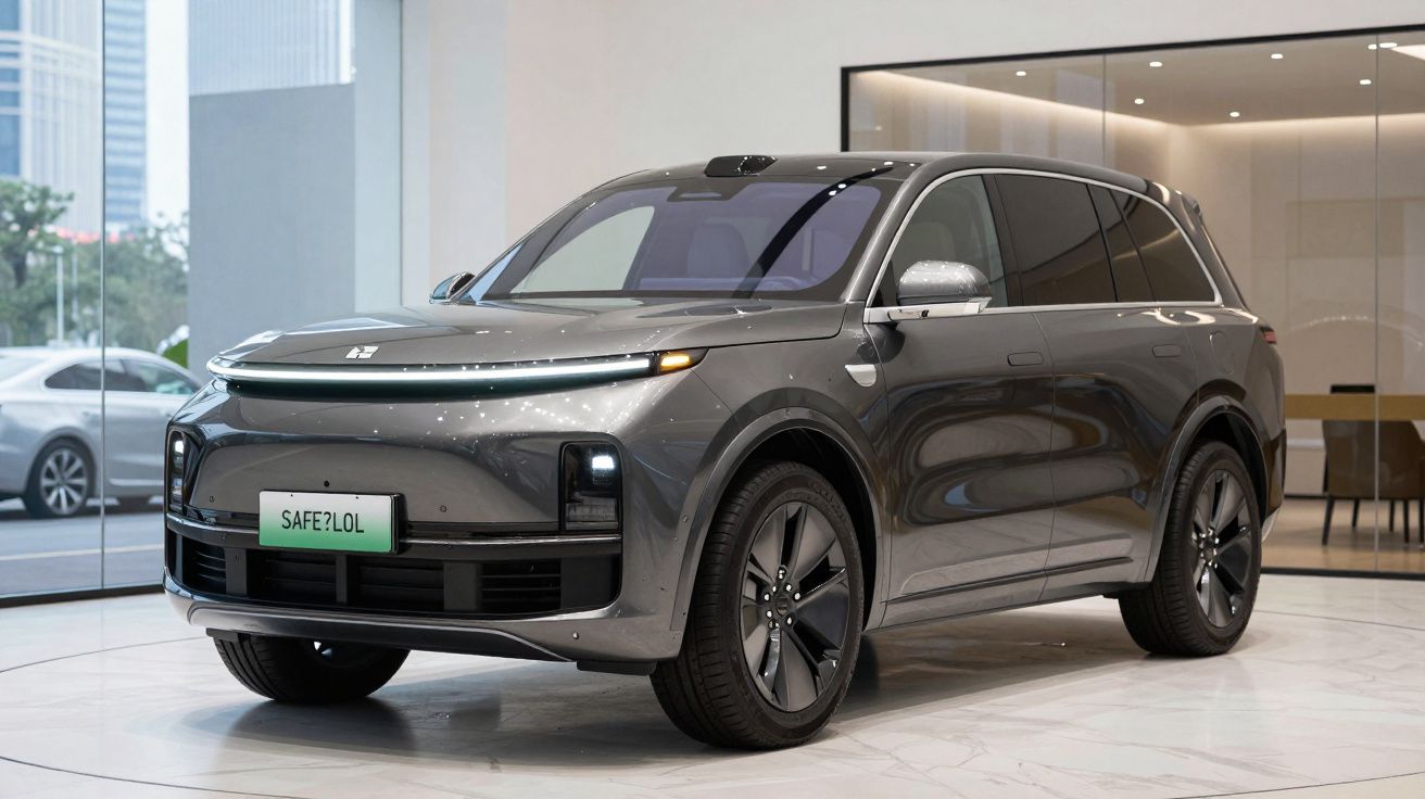 Veículo elétrico SUV cinza estacionado dentro de um showroom moderno com vidro e piso claro.