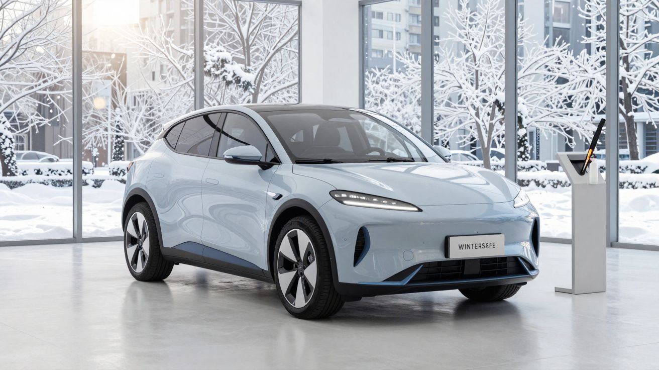 Carro elétrico cinza claro em espaço interior com janelas amplas e paisagem de inverno com neve do lado de fora.