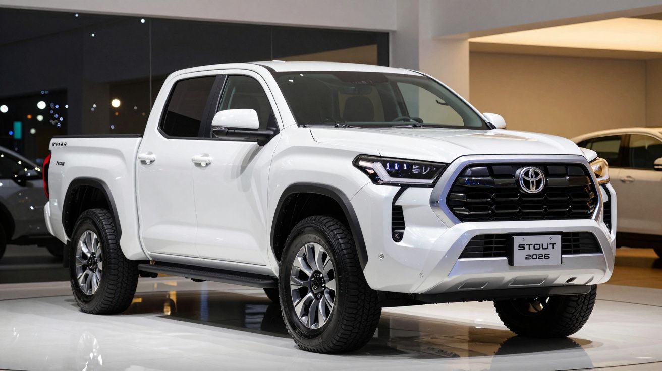 Picape Toyota branca modelo Stout 2026 em exposição interior com rodas grandes e faróis LED.