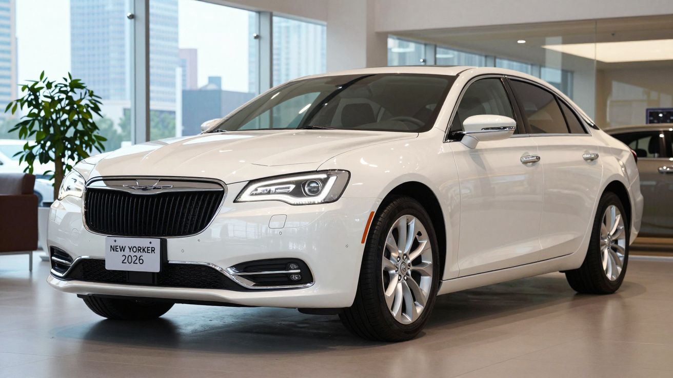 Automóvel sedã branco estacionado em showroom com janela grande e planta decorativa.