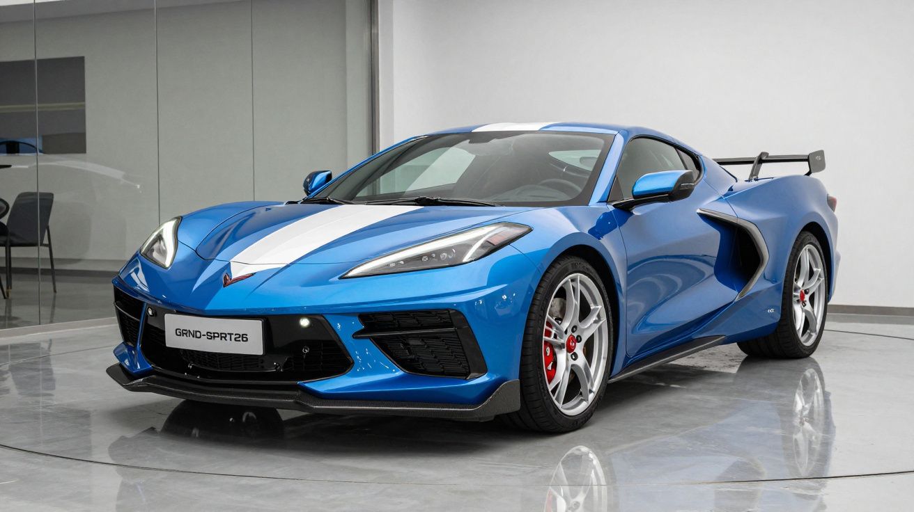 Carro desportivo azul com faixa branca, rodas prateadas e spoiler traseiro, em showroom moderno.