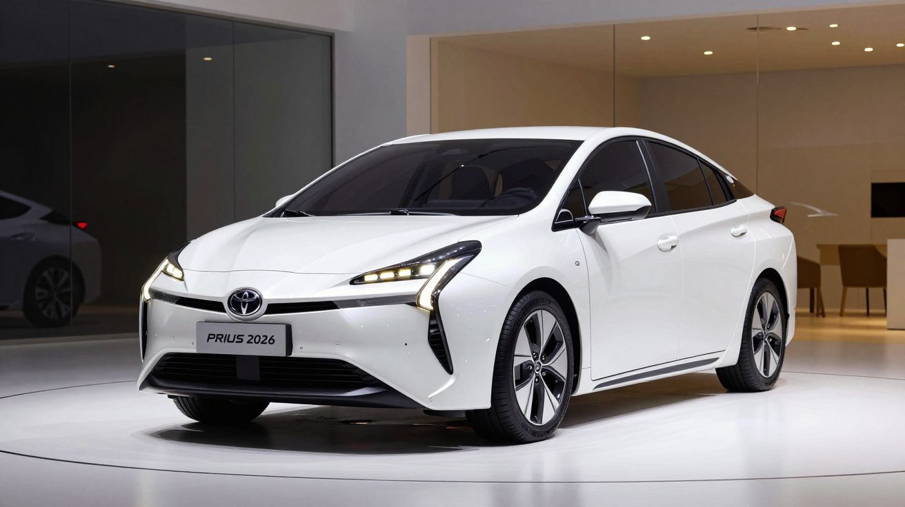 Carro Toyota Prius 2026 branco exposto em ambiente moderno com iluminação suave.
