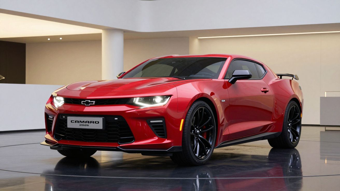 Carro desportivo vermelho Chevrolet Camaro estacionado em interior moderno com chão refletor.