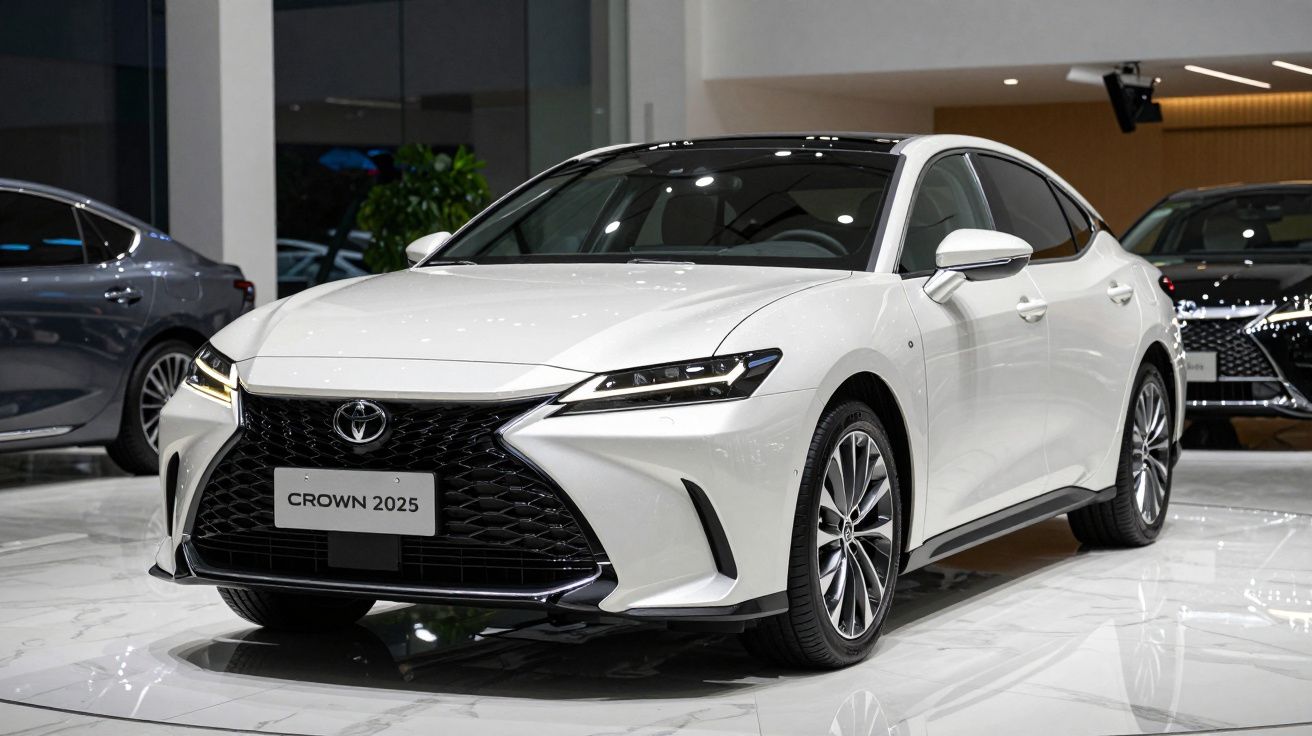 Carro luxuoso branco Toyota Crown 2025 em exposição num showroom moderno com piso branco.